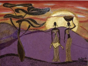 Due figure africane al tramonto sotto un albero. Uso di tisane al posto dei colori