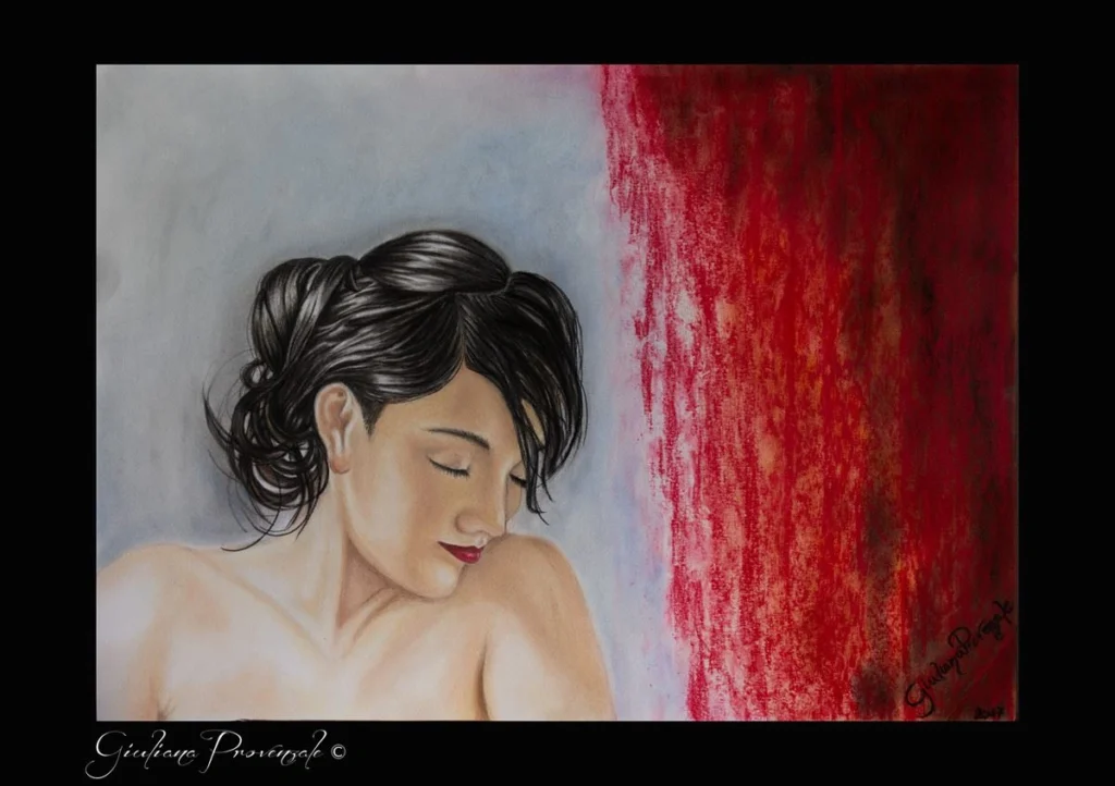 L'immagine ritrae un dipinto a mezzobusto di una giovane donna colta in un momento di pacata introspezione.