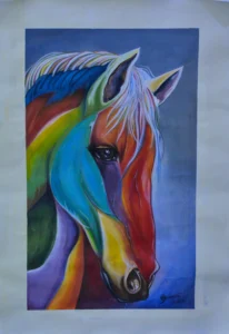 CavallTime: Ritratto di cavallo multicolore su sfondo azzurro in acrilico