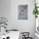 Ritratto artistico di profilo di una giovane donna realizzato con acquerello spatolato e trasferimento d'immagine