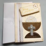 Biglietto di auguri fatto a mano per la Prima Comunione con simboli dell'eucaristia.